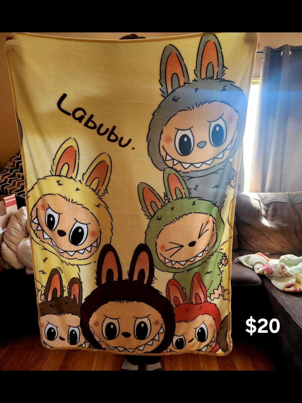 Labubu Character Plush Blanket - Yellow Background with Multicolor Characters/